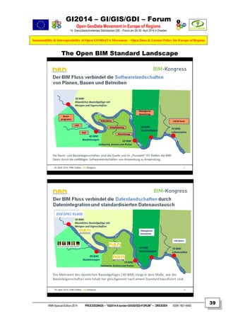 GI2014 – GI/GIS/GDI – Forum
Open GeoData Movement in Europe of Regions
14. Grenzüberschreitendes Sächsisches GIS – Forum am 29./30. April 2014 in Dresden
Sustainability & Interoperability of Open GEODATA Movement – Open Data & License Policy for Europe of Regions
NNR-Special-Edition-2014 PROCEEDINGS – “GI2014-X-border-GI/GIS/GDI-FORUM” – DRESDEN ISSN 1801-6480
39
The Open BIM Standard Landscape
 