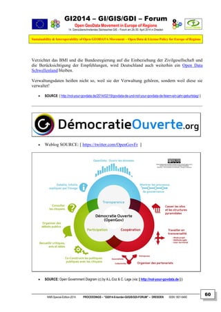 GI2014 – GI/GIS/GDI – Forum
Open GeoData Movement in Europe of Regions
14. Grenzüberschreitendes Sächsisches GIS – Forum am 29./30. April 2014 in Dresden
Sustainability & Interoperability of Open GEODATA Movement – Open Data & License Policy for Europe of Regions
NNR-Special-Edition-2014 PROCEEDINGS – “GI2014-X-border-GI/GIS/GDI-FORUM” – DRESDEN ISSN 1801-6480
60
Verzichtet das BMI und die Bundesregierung auf die Einbeziehung der Zivilgesellschaft und
die Berücksichtigung der Empfehlungen, wird Deutschland auch weiterhin ein Open Data
Schwellenland bleiben.
Verwaltungsdaten heißen nicht so, weil sie der Verwaltung gehören, sondern weil diese sie
verwaltet!
 SOURCE: [ http://not-your-govdata.de/2014/02/19/govdata-de-und-not-your-govdata-de-feiern-ein-jahr-geburtstag/ ]
 Weblog SOURCE: [ https://twitter.com/OpenGovFr ]
 SOURCE: Open Government Diagram (c) by A.L.Coz & C. Lage (via: [ http://not-your-govdata.de ] )
 