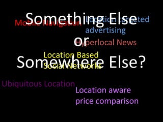 Something Else or Somewhere Else?Location targeted advertisingMobile NavigationHyperlocal NewsLocation Based Social NetworksUbiquitous LocationLocation aware price comparison