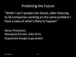 Know Edge Ltd59Predicting the Future“While I can’t predict the future, after listening to 50 companies working on the same problem I have a view of what’s likely to happen”Nancy Peretsman, Managing Director, Allen & Co.[Supported Google to go public]