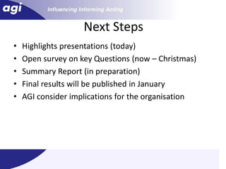 Next StepsHighlights presentations (today)Open survey on key Questions (now – Christmas)Summary Report (in preparation)Final results will be published in JanuaryAGI consider implications for the organisation