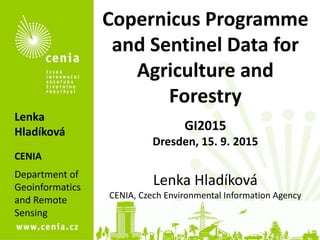 Copernicus Programme
and Sentinel Data for
Agriculture and
Forestry
GI2015
Dresden, 15. 9. 2015
Lenka Hladíková
CENIA, Czech Environmental Information Agency
Lenka
Hladíková
CENIA
Department of
Geoinformatics
and Remote
Sensing
 