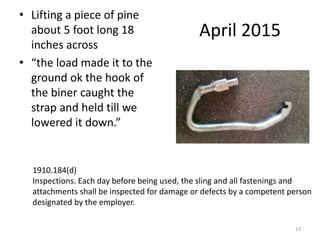 April 2015
• Lifting a piece of pine
about 5 foot long 18
inches across
• “the load made it to the
ground ok the hook of
the biner caught the
strap and held till we
lowered it down.”
13
1910.184(d)
Inspections. Each day before being used, the sling and all fastenings and
attachments shall be inspected for damage or defects by a competent person
designated by the employer.
 