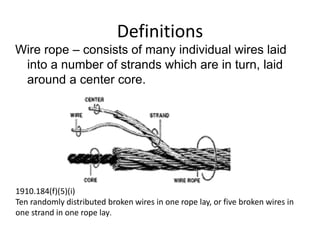 Definitions
Wire rope – consists of many individual wires laid
into a number of strands which are in turn, laid
around a center core.
1910.184(f)(5)(i)
Ten randomly distributed broken wires in one rope lay, or five broken wires in
one strand in one rope lay.
 