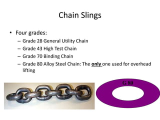Chain Slings
• Four grades:
– Grade 28 General Utility Chain
– Grade 43 High Test Chain
– Grade 70 Binding Chain
– Grade 80 Alloy Steel Chain: The only one used for overhead
lifting
G 80
 