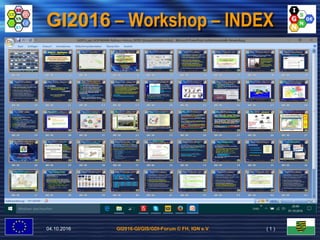 GI2016-GI/GIS/GDI-Forum © FH, IGN e.V.
IGN-(INNOVATION.GrenzüberschreitendesNetzwerke.V.)-
GI2016 – Workshop – INDEX
04.10.2016 ( 1 )
 