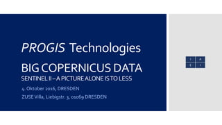 PROGIS Technologies
BIGCOPERNICUS DATA
SENTINELII–APICTUREALONEISTOLESS
4. Oktober 2016, DRESDEN
ZUSEVilla, Liebigstr. 3, 01069 DRESDEN
 