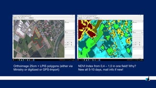 NDVI Index from 0,4 – 1,0 in one field! Why?
New all 5-10 days, mail info if new!
Orthoimage 25cm + LPIS polygons (either via
Ministry or digitized or GPS-Import)
 