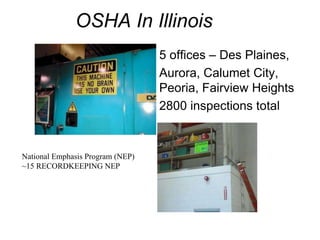 OSHA In Illinois
• 5 offices – Des Plaines,
• Aurora, Calumet City,
Peoria, Fairview Heights
• 2800 inspections total
National Emphasis Program (NEP)
~15 RECORDKEEPING NEP
 
