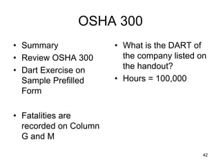 OSHA 300
• Summary
• Review OSHA 300
• Dart Exercise on
Sample Prefilled
Form
• Fatalities are
recorded on Column
G and M
• What is the DART of
the company listed on
the handout?
• Hours = 100,000
42
 