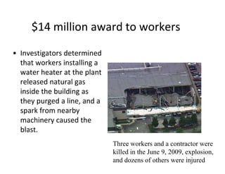 $14 million award to workers
• Investigators determined
that workers installing a
water heater at the plant
released natural gas
inside the building as
they purged a line, and a
spark from nearby
machinery caused the
blast.
Three workers and a contractor were
killed in the June 9, 2009, explosion,
and dozens of others were injured
 