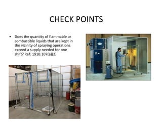 CHECK POINTS
• Does the quantity of flammable or
combustible liquids that are kept in
the vicinity of spraying operations
exceed a supply needed for one
shift? Ref: 1910.107(e)(2)
 