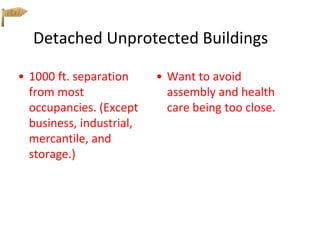 Detached Unprotected Buildings
• 1000 ft. separation
from most
occupancies. (Except
business, industrial,
mercantile, and
storage.)
• Want to avoid
assembly and health
care being too close.
 