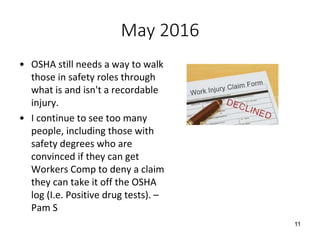 May 2016
• OSHA still needs a way to walk
those in safety roles through
what is and isn't a recordable
injury.
• I continue to see too many
people, including those with
safety degrees who are
convinced if they can get
Workers Comp to deny a claim
they can take it off the OSHA
log (I.e. Positive drug tests). –
Pam S
11
 