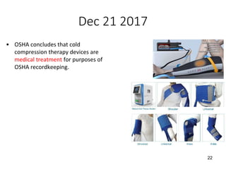 Dec 21 2017
• OSHA concludes that cold
compression therapy devices are
medical treatment for purposes of
OSHA recordkeeping.
22
 