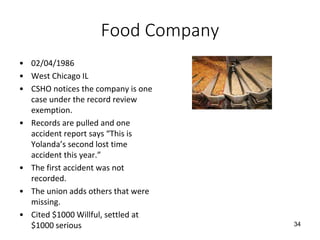 Food Company
• 02/04/1986
• West Chicago IL
• CSHO notices the company is one
case under the record review
exemption.
• Records are pulled and one
accident report says “This is
Yolanda’s second lost time
accident this year.”
• The first accident was not
recorded.
• The union adds others that were
missing.
• Cited $1000 Willful, settled at
$1000 serious 34
 