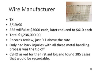 Wire Manufacturer
• TX
• 3/19/90
• 385 willful at $3000 each, later reduced to $610 each
• Total $1,236,000.00
• Records review, just 0.1 above the rate
• Only had back injuries with all these metal handling
process was the tip off.
• CSHO asked for the first aid log and found 385 cases
that would be recordable.
38
 