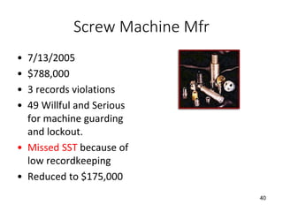 Screw Machine Mfr
• 7/13/2005
• $788,000
• 3 records violations
• 49 Willful and Serious
for machine guarding
and lockout.
• Missed SST because of
low recordkeeping
• Reduced to $175,000
40
 