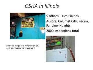 OSHA In Illinois
• 5 offices – Des Plaines,
• Aurora, Calumet City, Peoria,
Fairview Heights
• 2800 inspections total
National Emphasis Program (NEP)
~15 RECORDKEEPING NEP
 