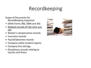 Recordkeeping
Scope of Documents for
Recordkeeping Inspection
• OSHA Forms 300, 300A and 301
• Medical records AT the clinic you
use
• Worker’s compensation records
• Insurance records
• Payroll/absentee records
• Company safety incident reports
• Company first aid logs
• Disciplinary records relating to
injuries and illness
49 | © 2013 Seyfarth Shaw LLP
 