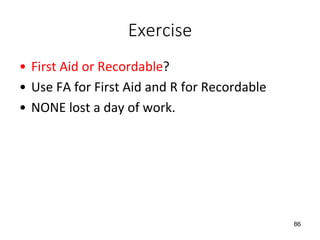 Exercise
• First Aid or Recordable?
• Use FA for First Aid and R for Recordable
• NONE lost a day of work.
86
 