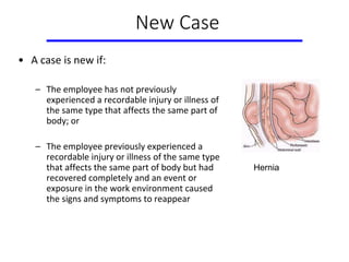 New Case
• A case is new if:
– The employee has not previously
experienced a recordable injury or illness of
the same type that affects the same part of
body; or
– The employee previously experienced a
recordable injury or illness of the same type
that affects the same part of body but had
recovered completely and an event or
exposure in the work environment caused
the signs and symptoms to reappear
Hernia
 