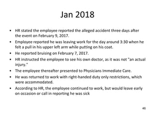 Jan 2018
• HR stated the employee reported the alleged accident three days after
the event on February 9, 2017.
• Employee reported he was leaving work for the day around 3:30 when he
felt a pull in his upper left arm while putting on his coat.
• He reported bruising on February 7, 2017.
• HR instructed the employee to see his own doctor, as it was not "an actual
injury."
• The employee thereafter presented to Physicians Immediate Care.
• He was returned to work with right-handed duty only restrictions, which
were accommodated.
• According to HR, the employee continued to work, but would leave early
on occasion or call in reporting he was sick
46
 