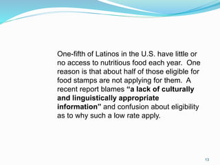 13
One-fifth of Latinos in the U.S. have little or
no access to nutritious food each year. One
reason is that about half of those eligible for
food stamps are not applying for them. A
recent report blames “a lack of culturally
and linguistically appropriate
information” and confusion about eligibility
as to why such a low rate apply.
 