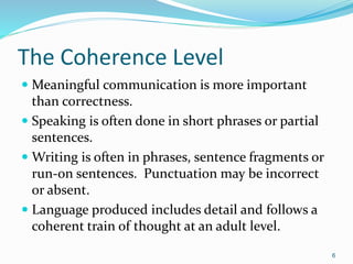 The Coherence Level
 Meaningful communication is more important
than correctness.
 Speaking is often done in short phrases or partial
sentences.
 Writing is often in phrases, sentence fragments or
run-on sentences. Punctuation may be incorrect
or absent.
 Language produced includes detail and follows a
coherent train of thought at an adult level.
6
 