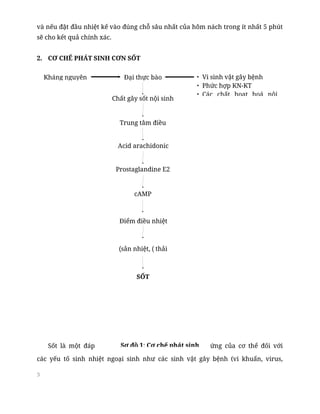3
và nếu đặt đầu nhiệt kế vào đúng chỗ sâu nhất của hõm nách trong ít nhất 5 phút
sẽ cho kết quả chính xác.
2. CƠ CHẾ PHÁT SINH CƠN SỐT
Sốt là một đáp ứng của cơ thể đối với
các yếu tố sinh nhiệt ngoại sinh như các sinh vật gây bệnh (vi khuẩn, virus,
Kháng nguyên • Vi sinh vật gây bệnh
• Phức hợp KN-KT
• Các chất hoạt hoá nội
Đại thực bào
Chất gây sốt nội sinh
Trung tâm điều
nhiệt
Acid arachidonic
Prostaglandine E2
cAMP
Điểm điều nhiệt
(sản nhiệt, ( thải
nhiệt
SỐT
Sơ đồ 1: Cơ chế phát sinh
 