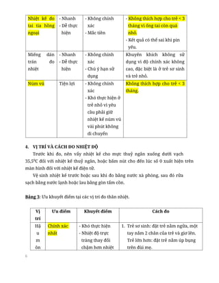 6
Nhiệt kế đo
tai tia hồng
ngoại
- Nhanh
- Dễ thực
hiện
- Không chính
xác
- Mắc tiền
- Không thích hợp cho trẻ < 3
tháng vì ống tai còn quá
nhỏ.
- Kết quả có thể sai khi pin
yếu.
Miếng dán
trán đo
nhiệt
- Nhanh
- Dễ thực
hiện
- Không chính
xác
- Chú ý hạn sử
dụng
Khuyến khích không sử
dụng vì độ chính xác không
cao, đặc biệt là ở trẻ sơ sinh
và trẻ nhỏ.
Núm vú Tiện lợi - Không chính
xác
- Khó thực hiện ở
trẻ nhỏ vì yêu
cầu phải giữ
nhiệt kế núm vú
vài phút không
di chuyển
Không thích hợp cho trẻ < 3
tháng.
4. VỊ TRÍ VÀ CÁCH ĐO NHIỆT ĐỘ
Trước khi đo, nên vẩy nhiệt kế cho mực thuỷ ngân xuống dưới vạch
35,50
C đối với nhiệt kế thuỷ ngân, hoặc bấm nút cho đến lúc số 0 xuất hiện trên
màn hình đối với nhiệt kế điện tử.
Vệ sinh nhiệt kế trước hoặc sau khi đo bằng nước xà phòng, sau đó rửa
sạch bằng nước lạnh hoặc lau bằng gòn tẩm cồn.
Bảng 3: Ưu khuyết điểm tại các vị trí đo thân nhiệt.
Vị
trí
Ưu điểm Khuyết điểm Cách đo
Hậ
u
m
ôn
Chính xác
nhất
- Khó thực hiện
- Nhiệt độ trực
tràng thay đổi
chậm hơn nhiệt
1. Trẻ sơ sinh: đặt trẻ nằm ngửa, một
tay nắm 2 chân của trẻ và giơ lên.
Trẻ lớn hơn: đặt trẻ nằm úp bụng
trên đùi mẹ.
 