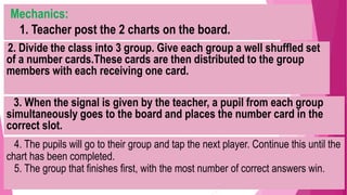 Mechanics:
1. Teacher post the 2 charts on the board.
2. Divide the class into 3 group. Give each group a well shuffled set
of a number cards.These cards are then distributed to the group
members with each receiving one card.
3. When the signal is given by the teacher, a pupil from each group
simultaneously goes to the board and places the number card in the
correct slot.
4. The pupils will go to their group and tap the next player. Continue this until the
chart has been completed.
5. The group that finishes first, with the most number of correct answers win.
 
