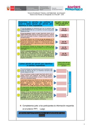 “Año de la Diversificación Productiva y del Fortalecimiento de la Educación”.
“Decenio de las Personas con Discapacidad en el Perú 2007 – 2016”
4
Completamos junto a los participantes la información requerida
en el anterior PPT. Luego
Podemosdecirque el temacentral es:Las característicasdel oso de
anteojos
 
