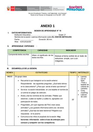 “Año de la Diversificación Productiva y del Fortalecimiento de la Educación”.
“Decenio de las Personas con Discapacidad en el Perú 2007 – 2016”
6
ANEXO 1
SESION DE APRENDIZAJE N° 10
I. DATOS INFORMATIVOS:
Institución Educativa:……………………………………… Grado: 2°
Nombre de la sesión: Leemos información sobre EL OSO DE ANTEOJOS
Fecha : _____________ Duración: 90 min.
Área: Comunicación
II. APRENDIZAJE ESPERADO :
COMPETENCIA CAPACIDAD INDICADOR
Comprende textos escritos Infiere el significado de los
textos escritos.
Deduce el tema central de un texto de
estructura simple, con o sin
imágenes.
III. DESARROLLO DE LA SESION:
MOMEN. ESTRATEGIAS TIEMPO MATERIALES
INICIO En grupo clase
 Recuerda lo que trabajaron en la sesión anterior.
Respondiendo las siguientes preguntas: ¿Qué texto leímos
en la clase anterior? ¿Para qué servía el texto que leímos?
 Se inicia la sesión indicándoles en una tarjetita el nombre de
un animal en peligro de extinción.
 Anota y lee los nombres de los animales. Pídeles que
observen, cuales se repiten y cuáles no, agrúpalos con
participación de todos.
 Pregúntales ¿En qué regiones del Perú viven estos
animales? ¿Les gustaría informarse sobre una de estos
animales? ¿Qué tipo de texto leeremos? Registro sus
respuestas en la pizarra.
 Comunica a los niños el propósito de la sesión: Hoy
leeremos información sobre el oso de anteojos para
conocer y compartir con los compañeros.
20’
 Lamina
con el
texto
-Tiras y
tarjetas de
colores de
cartulina
 Cinta
masKing
 Lápices
de color
 