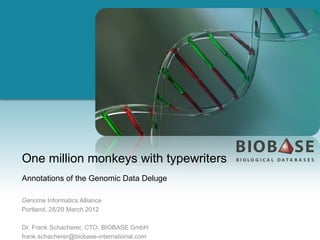 One million monkeys with typewriters
Annotations of the Genomic Data Deluge

Genome Informatics Alliance
Portland, 28/29 March 2012

Dr. Frank Schacherer, CTO, BIOBASE GmbH
frank.schacherer@biobase-international.com
 