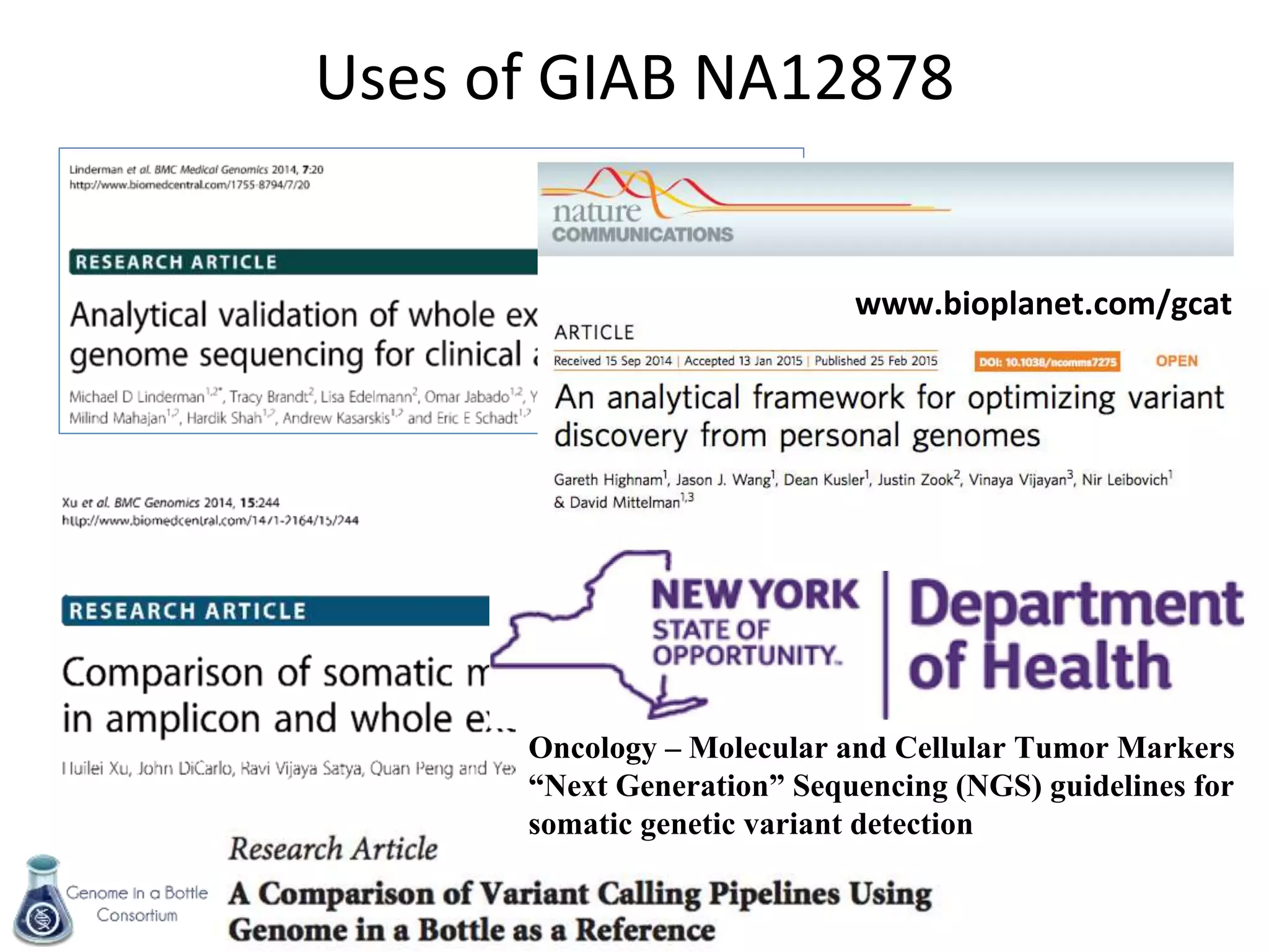 genomeinabottle.org
Uses of GIAB NA12878
Oncology – Molecular and Cellular Tumor Markers
“Next Generation” Sequencing (NGS) guidelines for
somatic genetic variant detection
www.bioplanet.com/gcat
 