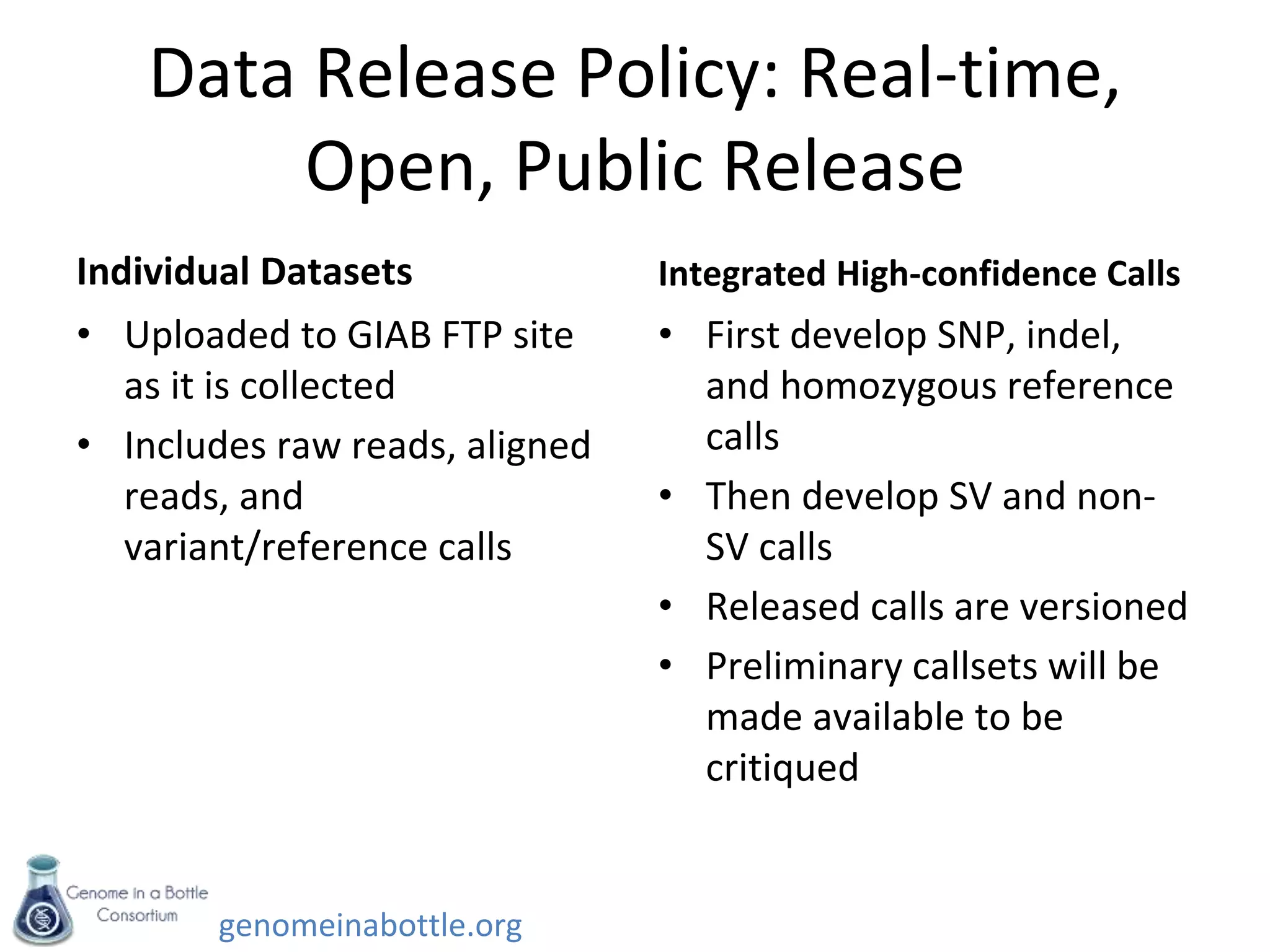 genomeinabottle.org
Data Release Policy: Real-time,
Open, Public Release
Individual Datasets
• Uploaded to GIAB FTP site
as it is collected
• Includes raw reads, aligned
reads, and
variant/reference calls
Integrated High-confidence Calls
• First develop SNP, indel,
and homozygous reference
calls
• Then develop SV and non-
SV calls
• Released calls are versioned
• Preliminary callsets will be
made available to be
critiqued
 