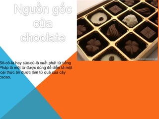 Sô-cô-la hay súc-cù-là xuất phát từ tiếng
Pháp là một từ được dùng để diễn tả một
loại thức ăn được làm từ quả của cây
cacao.
 