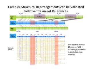 hg19	
chr1	
Super	
scaﬀold		
hg38	
chr1	
Hg19	gap	 Hg19	gap	
Super	
scaﬀold	
Molecule	
pileup	
Complex	Structural	Rearrangements	can	be	Validated	
Rela1ve	to	Current	References	
S1ll	resolves	at	least	
28	gaps	in	hg38	
assembly	for	>400kb		
in	predicted	gap	
intervals	
 