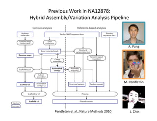 Previous	Work	in	NA12878:	
Hybrid	Assembly/Varia1on	Analysis	Pipeline	
Pendleton	et	al.,	Nature	Methods	2010	
M.	Pendleton	
A.	Pang	
J.	Chin	
 