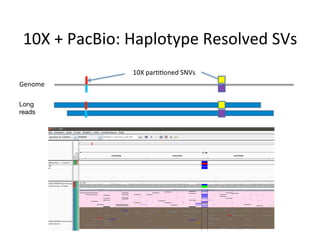 10X	+	PacBio:	Haplotype	Resolved	SVs	
Genome	
10X	par11oned	SNVs	
Long
reads
 