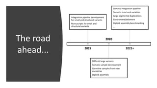 The road
ahead... 2019
Integration pipeline development
for small and structural variants
Manuscripts for small and
structural variants
2020
Difficult large variants
Somatic sample development
Germline samples from new
ancestries
Diploid assembly
2021+
Somatic integration pipeline
Somatic structural variation
Large segmental duplications
Centromere/telomere
Diploid assembly benchmarking
...
 
