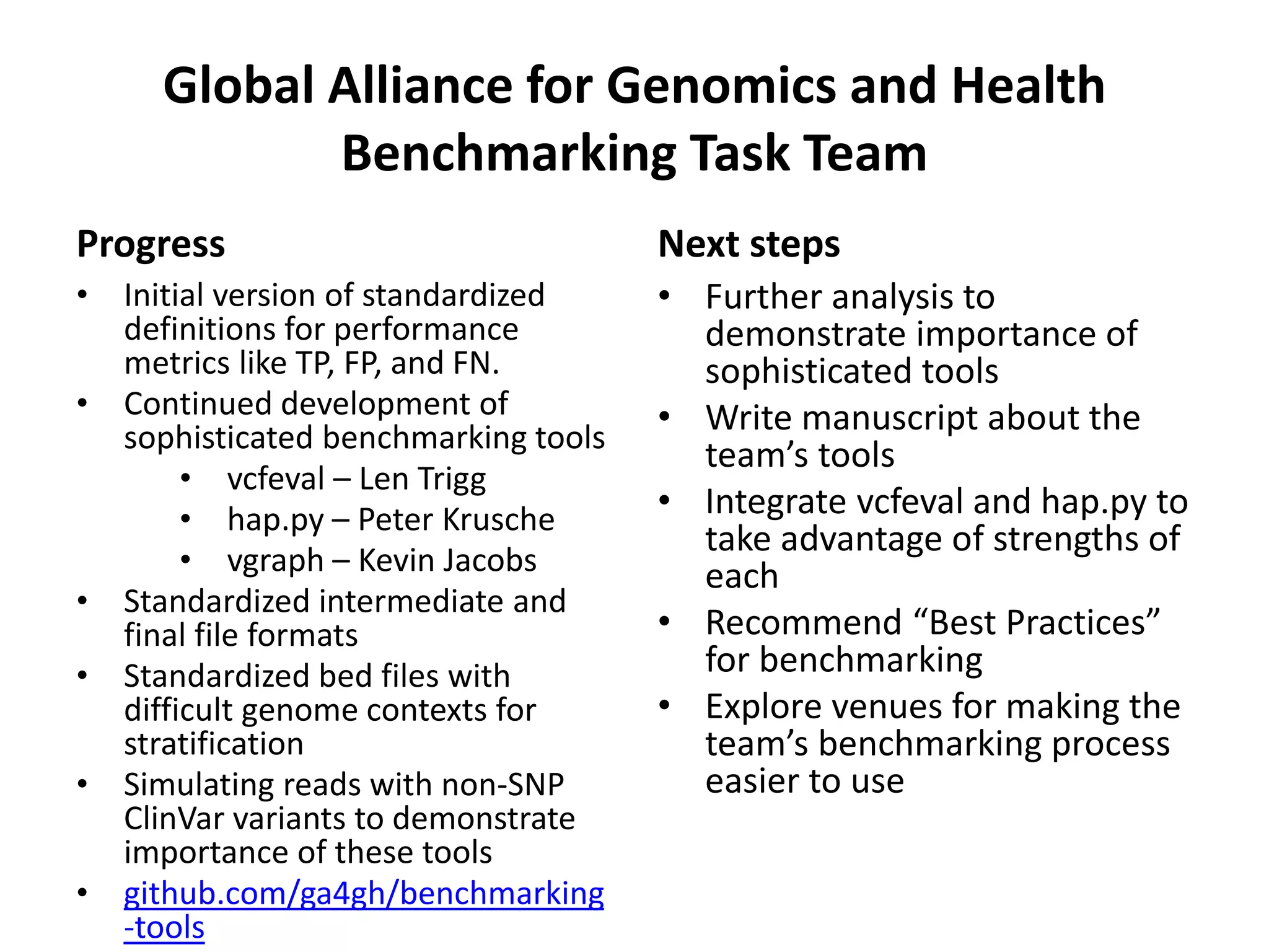 Global Alliance for Genomics and Health
Benchmarking Task Team
• Initial version of standardized
definitions for performance
metrics like TP, FP, and FN.
• Continued development of
sophisticated benchmarking tools
• vcfeval – Len Trigg
• hap.py – Peter Krusche
• vgraph – Kevin Jacobs
• Standardized intermediate and
final file formats
• Standardized bed files with
difficult genome contexts for
stratification
• Simulating reads with non-SNP
ClinVar variants to demonstrate
importance of these tools
• github.com/ga4gh/benchmarking
-tools
Next steps
• Further analysis to
demonstrate importance of
sophisticated tools
• Write manuscript about the
team’s tools
• Integrate vcfeval and hap.py to
take advantage of strengths of
each
• Recommend “Best Practices”
for benchmarking
• Explore venues for making the
team’s benchmarking process
easier to use
Progress
 