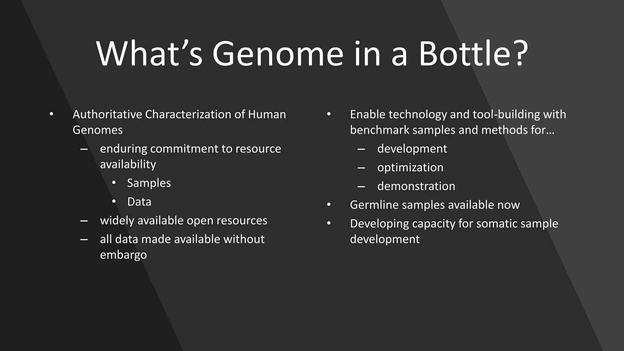 What’s Genome in a Bottle?
• Authoritative Characterization of Human
Genomes
– enduring commitment to resource
availability
• Samples
• Data
– widely available open resources
– all data made available without
embargo
• Enable technology and tool-building with
benchmark samples and methods for…
– development
– optimization
– demonstration
• Germline samples available now
• Developing capacity for somatic sample
development
 