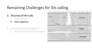 Remaining Challenges for SVs calling
1. Accuracy of the calls
1. False positives
2. False negatives
2. Functional interpretation?
1. Population frequencies/ Curation
Illumina
PacBio
Nanopore
 