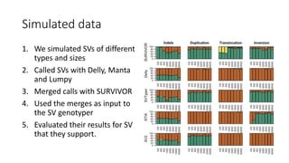 Simulated data
1. We simulated SVs of different
types and sizes
2. Called SVs with Delly, Manta
and Lumpy
3. Merged calls with SURVIVOR
4. Used the merges as input to
the SV genotyper
5. Evaluated their results for SV
that they support.
 