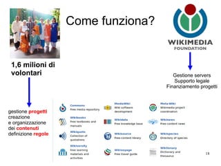 18
Come funziona?
Gestione servers
Supporto legale
Finanziamento progetti
gestione progetti
creazione
e organizzazione
dei contenuti
definizione regole
1,6 milioni di
volontari
 
