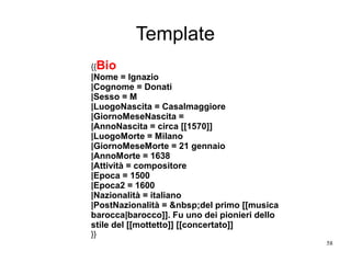 58
Template
{{Bio
|Nome = Ignazio
|Cognome = Donati
|Sesso = M
|LuogoNascita = Casalmaggiore
|GiornoMeseNascita =
|AnnoNascita = circa [[1570]]
|LuogoMorte = Milano
|GiornoMeseMorte = 21 gennaio
|AnnoMorte = 1638
|Attività = compositore
|Epoca = 1500
|Epoca2 = 1600
|Nazionalità = italiano
|PostNazionalità = &nbsp;del primo [[musica
barocca|barocco]]. Fu uno dei pionieri dello
stile del [[mottetto]] [[concertato]]
}}
 