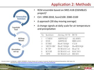  	
  
•  RCM	
  ensemble	
  based	
  on	
  SRES	
  A1B	
  (ESEMBLES	
  
project)1	
  
•  Ctrl:	
  1990-­‐2010,	
  Scen2100:	
  2080-­‐2100	
  
•  ∆	
  approach	
  (30	
  day	
  moving	
  average)	
  	
  
•  ∆	
  change	
  signals	
  at	
  daily	
  scale	
  for	
  air	
  temperature	
  
and	
  precipitaOon	
  
Downscaling	
  
Technique	
  
TopoSUB	
  
Tool	
  
GEOtop	
  
Model	
  
Simula=on	
  
set-­‐up	
  
1	
  Van	
  der	
  Linden,	
  P.,	
  &	
  Mitchell,	
  J.	
  (2009).	
  ENSEMBLES:	
  Climate	
  change	
  and	
  its	
  impacts	
  at	
  seasonal,	
  decadal	
  and	
  centennial	
  6mescales	
  (p.	
  160).	
  Exeter,	
  UK.	
  
	
   	
  Retrieved	
  from	
  hPp://ensembles-­‐eu.metoﬃce.com/docs/Ensembles_ﬁnal_report_Nov09.pdf	
  	
  
	
  
ApplicaOon	
  2:	
  Methods	
  
 