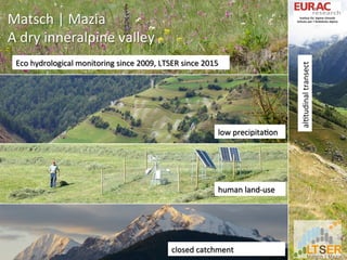 Matsch	
  |	
  Mazia	
  
A	
  dry	
  inneralpine	
  valley	
  
	
  
4	
  
low	
  precipitaOon	
  
human	
  land-­‐use	
  
closed	
  catchment	
  	
  	
  
alOtudinal	
  transect	
  
Eco	
  hydrological	
  monitoring	
  since	
  2009,	
  LTSER	
  since	
  2015	
  
 